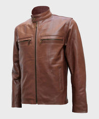 Mens Style Brown Leather Jacket Leather Jacket men front product view | Dash Racegear — Mens Style Brown Cafe Racer Jacket