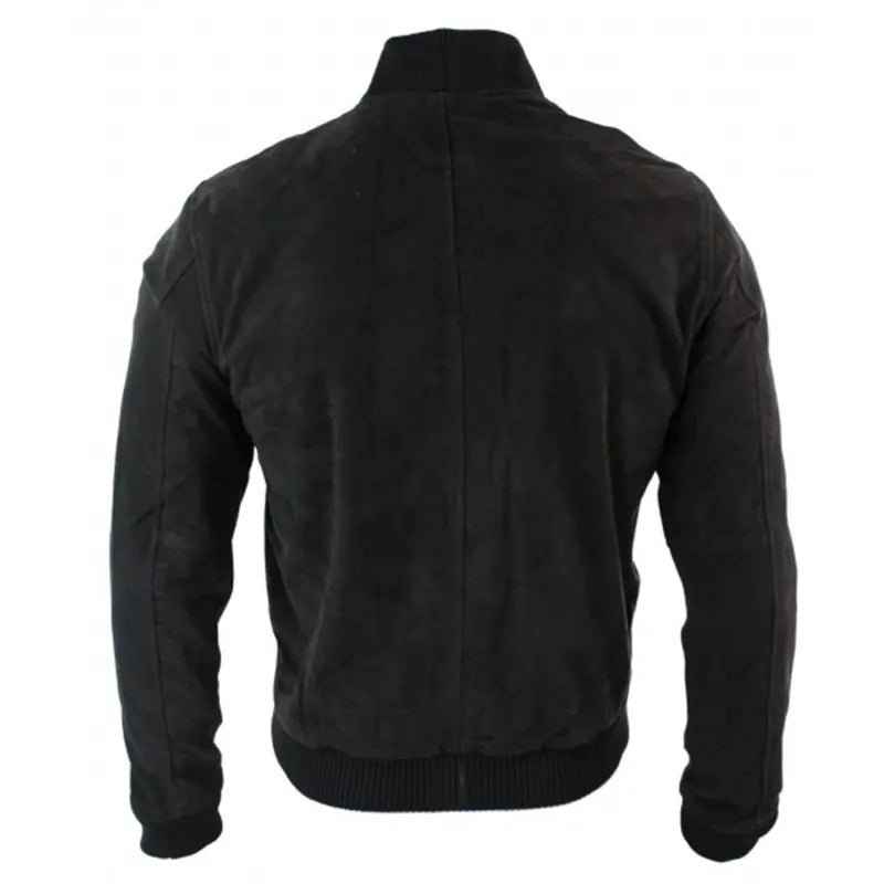 Men’s Black Suede Bomber Leather Jacket Bomber Jacket men detail view 2 | Dash Racegear — Black Bomber Suede Jacket For Men's
