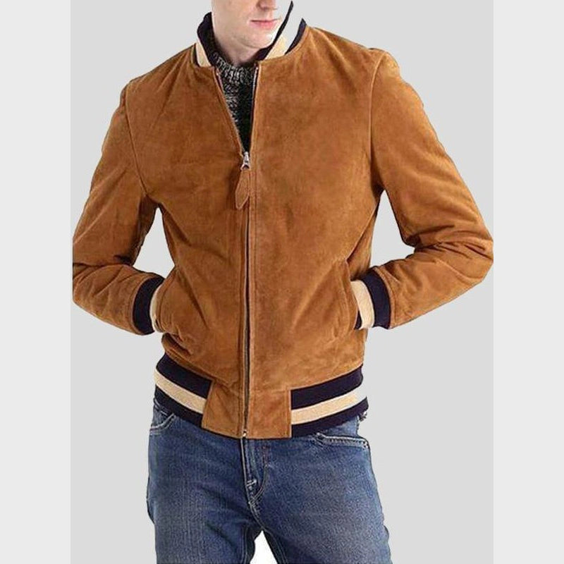 Men’s Suede Bomber Jacket Bomber Jacket unisex front product view | Dash Racegear — Men's Brown Suede Leather Jacket