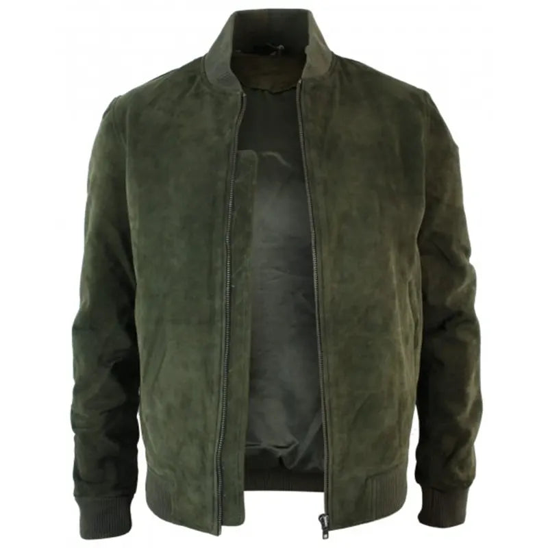 Mens Olive Green Suede Bomber Jacket Bomber Jacket men detail view 3 | Dash Racegear — Olive Green Suede Bomber Jacket