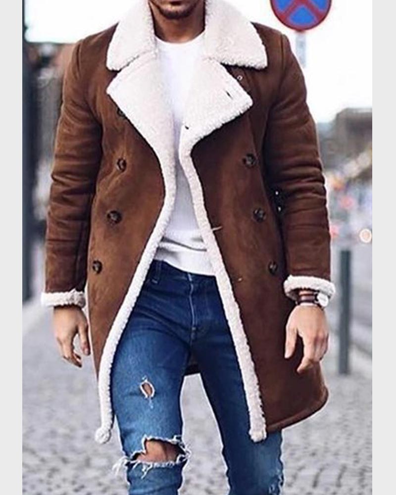 Mens Shearling Brown Double-Breasted Coat Jacket men detail view 3 | Dash Racegear — Mens Brown Double-Breasted Shearling Suede Coat