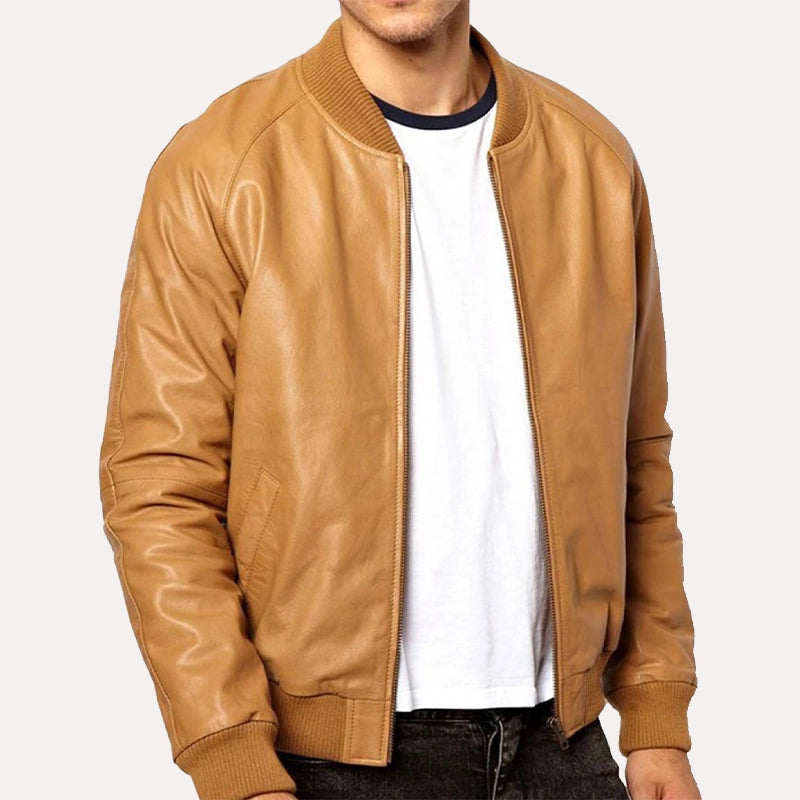 Mens Tan Brown Bomber Leather Jacket Bomber Jacket men front product view | Dash Racegear — Tan Brown Classic Bomber Jacket