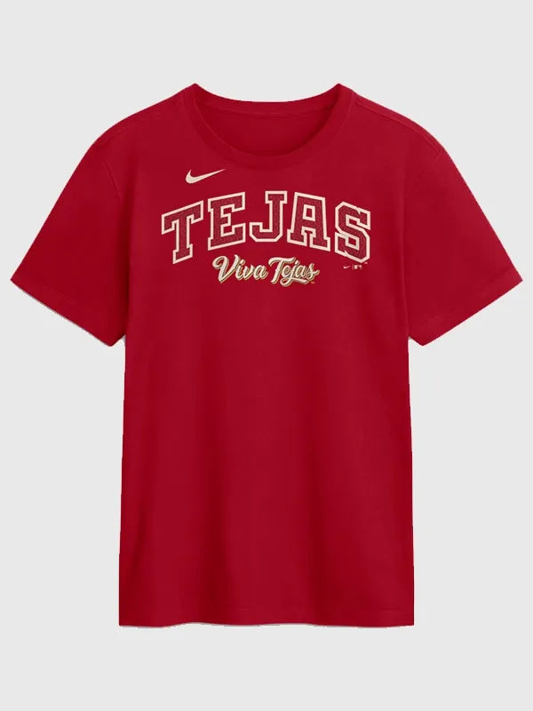 Texas Rangers 2026 City Connect Wordmark T-Shirt Shirt unisex front product view | Dash Racegear — Men’s Texas Rangers Nike 2026 City Connect red Wordmark T-shirt, bold fan style for everyday stadium comfort.