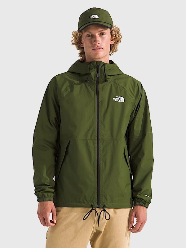 The North Face Men’s Antora Green Rain Hoodie Hoodie unisex front product view | Dash Racegear — Explore outdoors or stay dry on city streets in The North Face Antora Green Zip-Up Rain Hoodie.