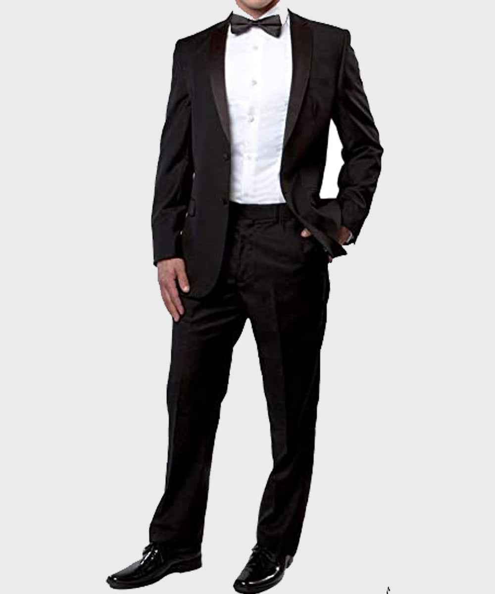 Mens Two Buttons Black Tuxedo Suit Fashion Apparel men front product view | Dash Racegear — Elegant Style Two Buttons Tuxedo Suit