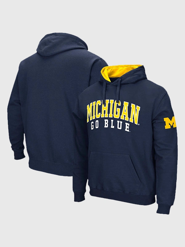 University of Michigan Hoodie Hoodie unisex front product view | Dash Racegear — Men’s Navy Blue University of Michigan Wolverines Hoodie, soft fleece with bold team logo for game-day pride.