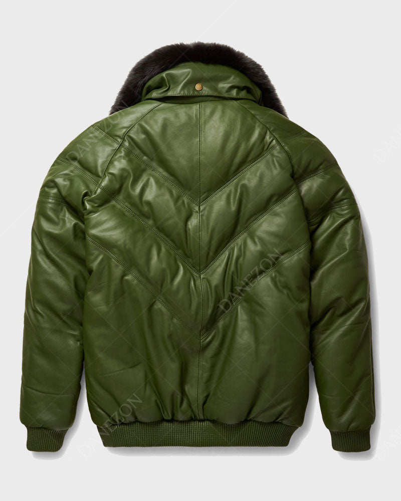 Mens V-Bomber Green Leather Jacket Leather Jacket men detail view 2 | Dash Racegear — Mens V-Bomber Green Leather Jacket