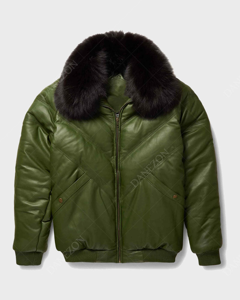 Mens V-Bomber Green Leather Jacket Leather Jacket men front product view | Dash Racegear — Mens V-Bomber Green Lambskin Jacket