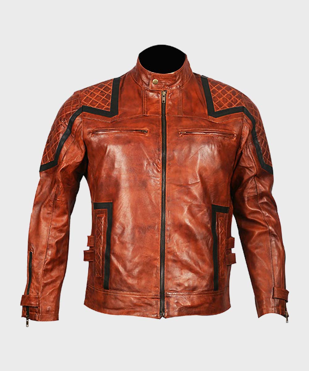 Mens Vintage Brown Biker Leather Jacket Biker Jacket men front product view | Dash Racegear — Mens Brown Vintage Leather Jacket