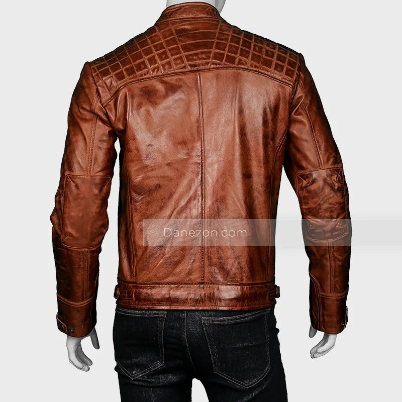 Mens Distressed Vintage Brown Cafe Racer Leather Jacket Biker Jacket men detail view 5 | Dash Racegear — Mens Vintage Brown Cafe Racer Leather Jacket