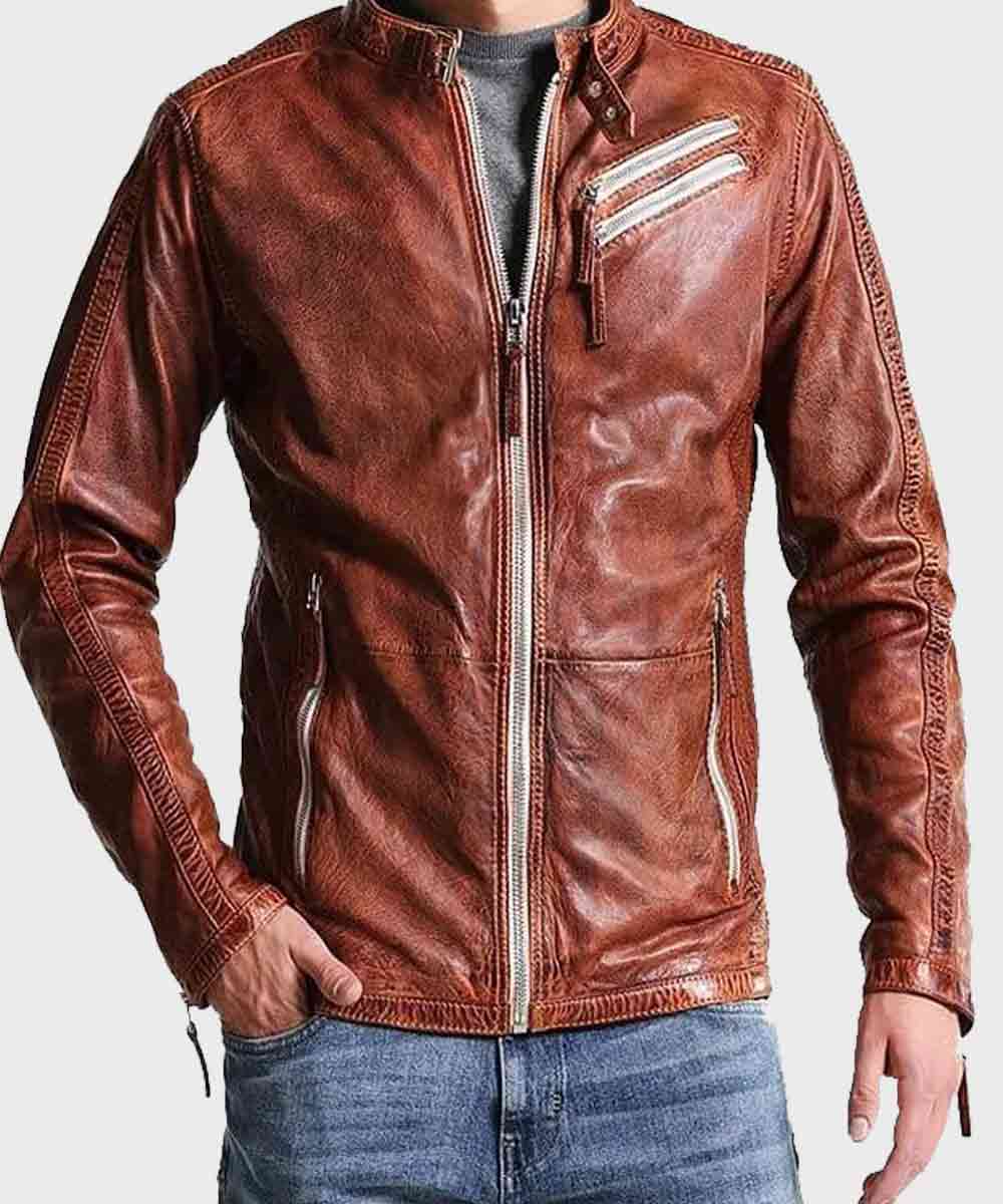 Mens Vintage Brown Distressed Biker Jacket Biker Jacket men front product view | Dash Racegear — Mens Distressed Brown Vintage Biker Jacket
