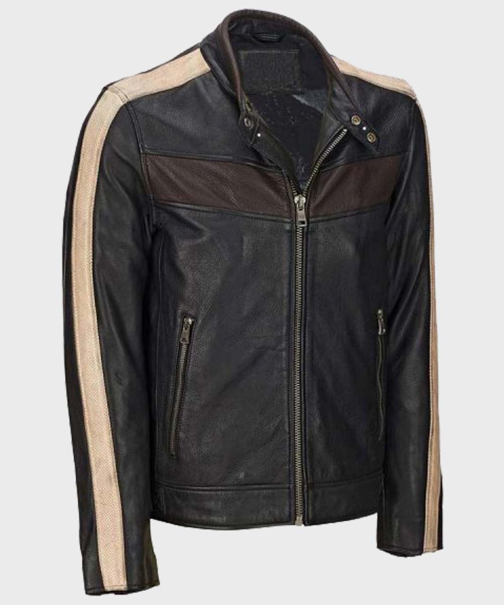 Mens Vintage Café Racer Black Retro Jacket Jacket men front product view | Dash Racegear — Mens Vintage Retro Café Racer Black Leather Jacket