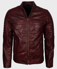 Mens Vintage Cafe Racer Maroon Waxed Leather Jacket Biker Jacket men front product view | Dash Racegear — Maroon Cafe Racer Mens Vintage Waxed Leather Jacket