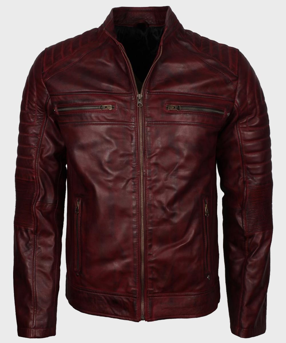 Mens Vintage Cafe Racer Maroon Waxed Leather Jacket Biker Jacket men front product view | Dash Racegear — Maroon Cafe Racer Mens Vintage Waxed Leather Jacket
