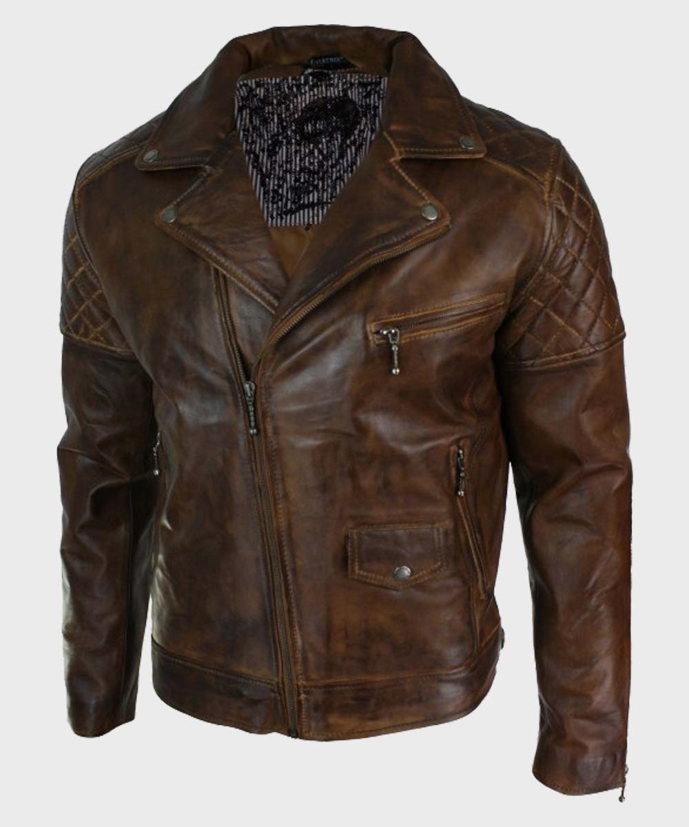 Mens Vintage Distressed Brown Motorcycle Leather Jacket Leather Jacket men front product view | Dash Racegear — Brown Distressed Vintage Mens Biker Leather Jacket