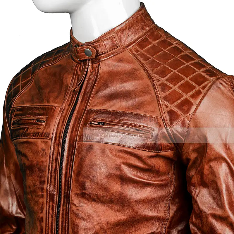Mens Distressed Vintage Brown Cafe Racer Leather Jacket Biker Jacket men detail view 4 | Dash Racegear — Distressed Vintage Brown Cafe Racer Leather Jacket