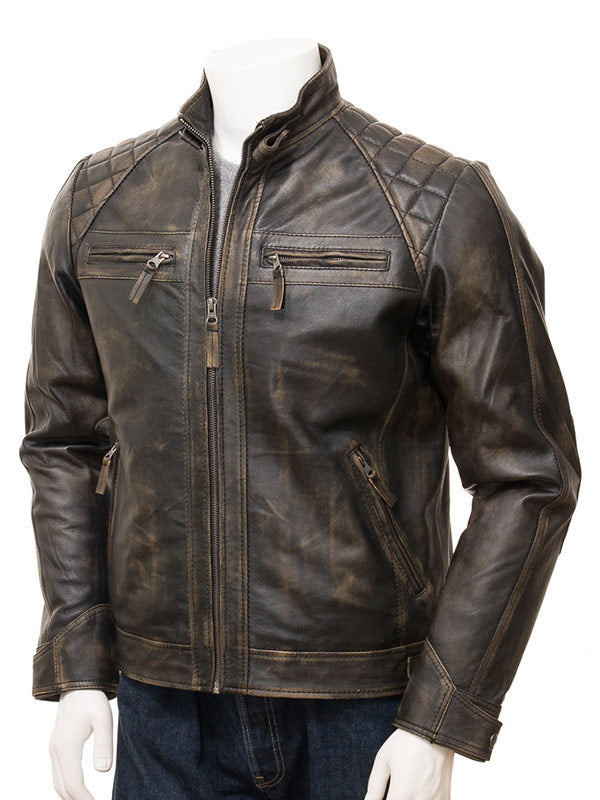 Mens Vintage Brown Quilted Leather Jacket Leather Jacket men detail view 2 | Dash Racegear — Vintage Mens Leather jacket
