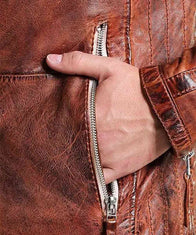 Mens Vintage Brown Distressed Biker Jacket Biker Jacket men detail view 3 | Dash Racegear — Mens Brown Distressed Biker Jacket