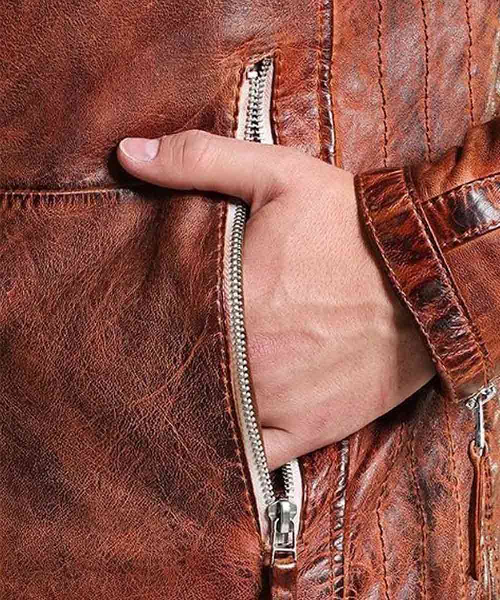 Mens Vintage Brown Distressed Biker Jacket Biker Jacket men detail view 3 | Dash Racegear — Mens Brown Distressed Biker Jacket
