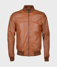 Mens Waxed Brown Bomber Leather Jacket Bomber Jacket men front product view | Dash Racegear — Brown Bomber Waxed Leather Jacket Mens