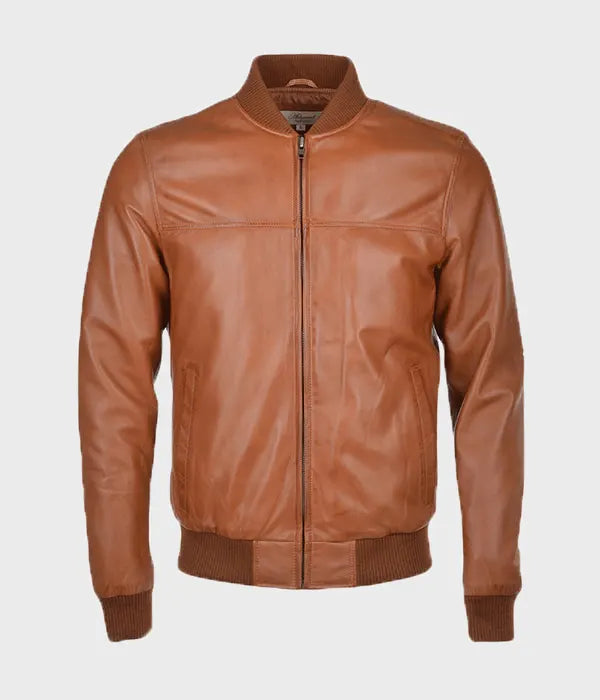 Mens Waxed Brown Bomber Leather Jacket Bomber Jacket men front product view | Dash Racegear — Brown Bomber Waxed Leather Jacket Mens