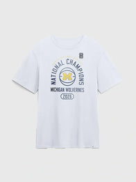 Michigan Wolverines Basketball National Champions Fast Break T-Shirt Shirt unisex front product view | Dash Racegear — White Michigan Wolverines 2026 Fast Break T-shirt, perfect for fans and casual game day style.