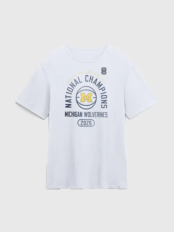 Michigan Wolverines Basketball National Champions Fast Break T-Shirt Shirt unisex front product view | Dash Racegear — White Michigan Wolverines 2026 Fast Break T-shirt, perfect for fans and casual game day style.