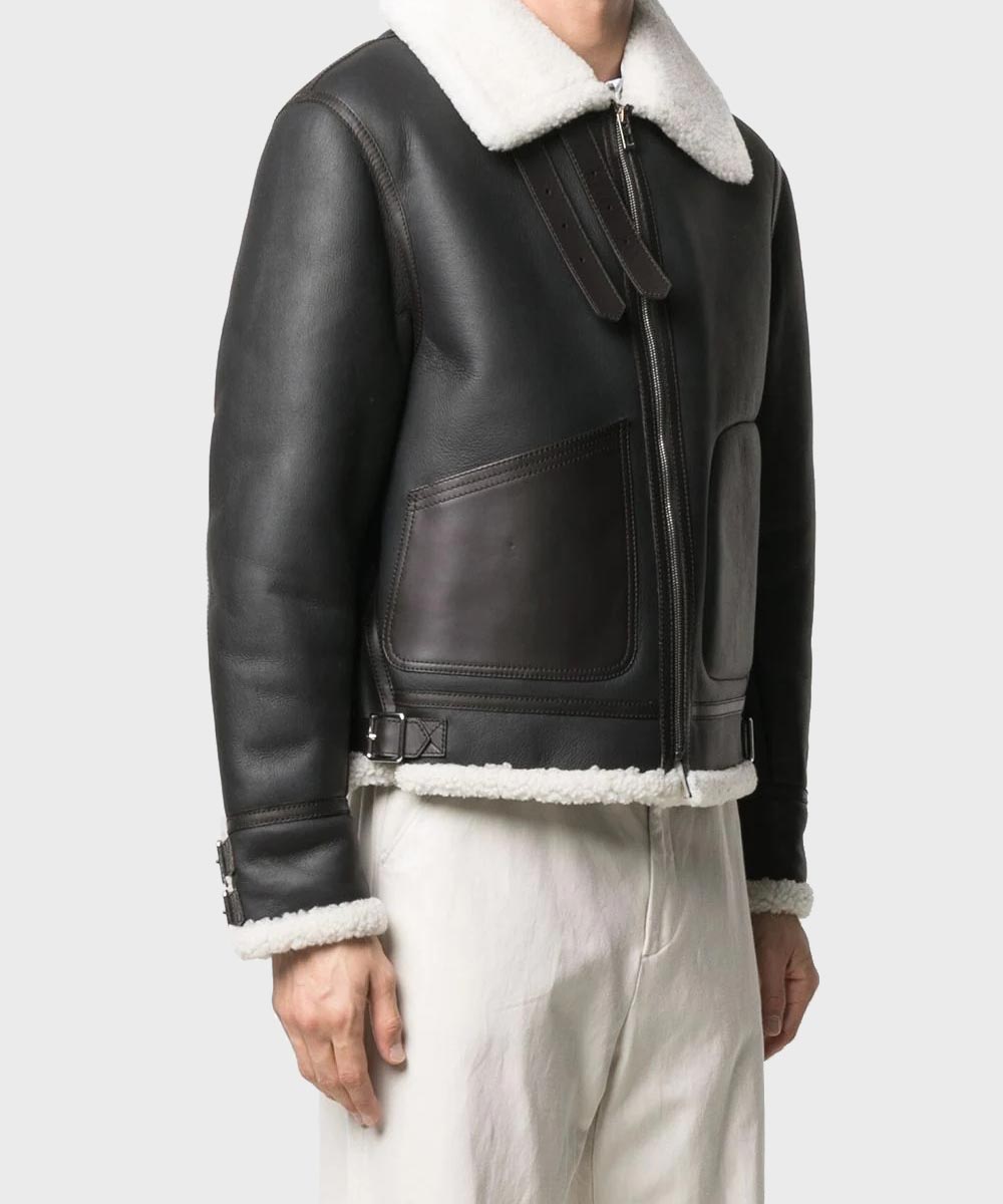 Men’s White Shearling Black Genuine Leather Jacket Leather Jacket men front product view | Dash Racegear — Men's Black Belted Genuine White Shearling Jacket