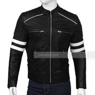 Mens Black Retro Cafe Racer Leather Jacket Leather Jacket men front product view | Dash Racegear — Mens Cafe Racer White Striped Black Retro Jacket