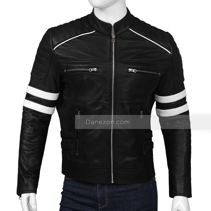 Mens Black Retro Cafe Racer Leather Jacket Leather Jacket men front product view | Dash Racegear — Mens Cafe Racer White Striped Black Retro Jacket