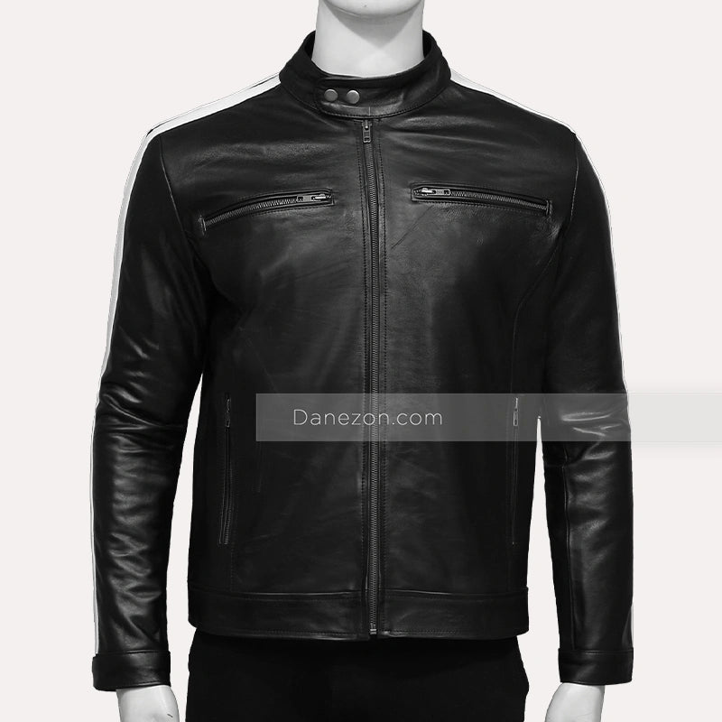 Mens White Striped Leather Jacket Biker Jacket men front product view | Dash Racegear — Mens white striped black leather jacket