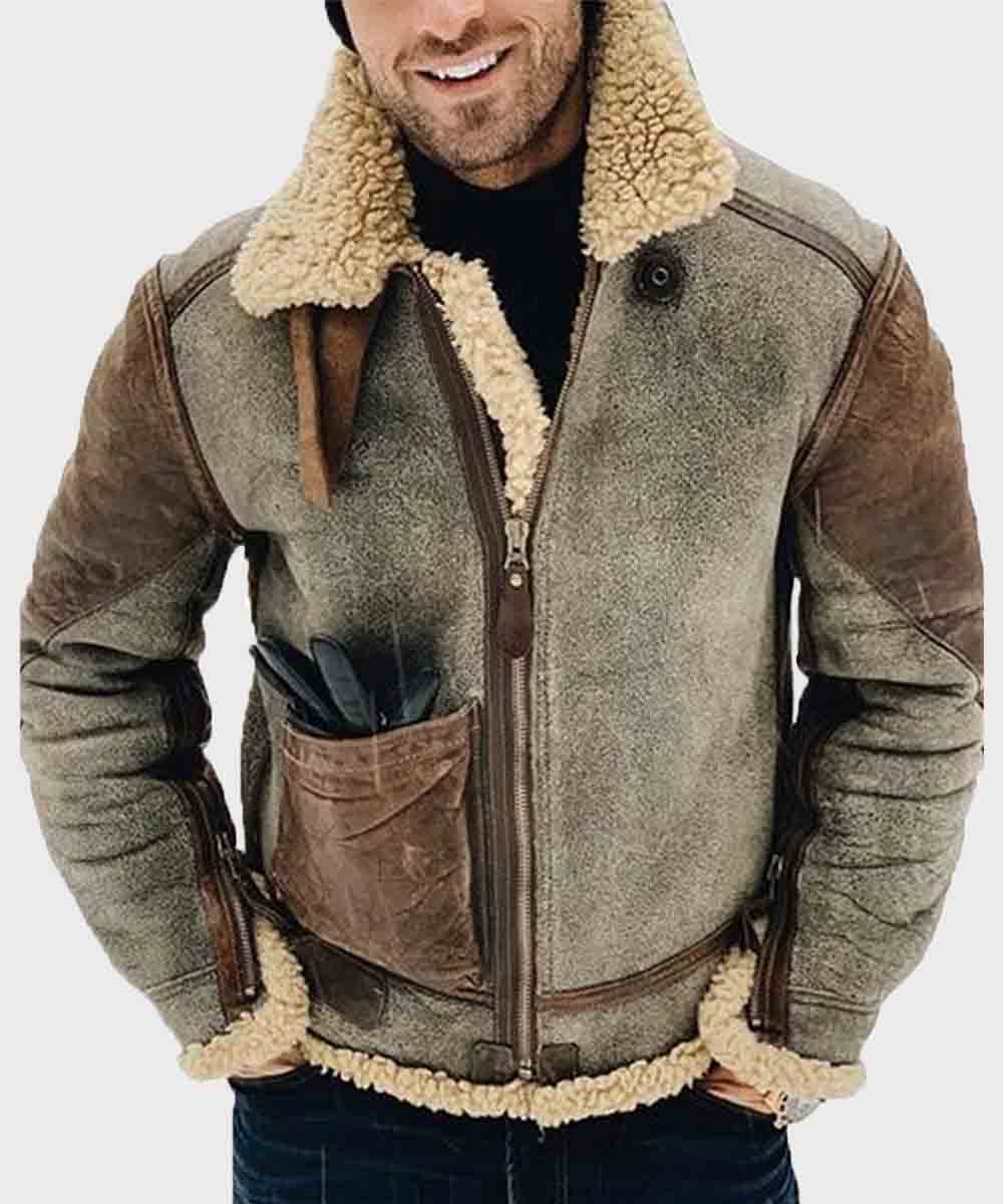Mens Brown Faux Fur Leather Jacket Leather Jacket men front product view | Dash Racegear — Mens Brown Faux Fur Leather Jacket
