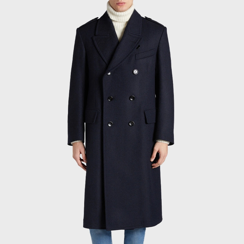 Mens Wool Herringbone Coat Coat men front product view | Dash Racegear — Mens Wool Double-Breasted Herringbone Long Coat