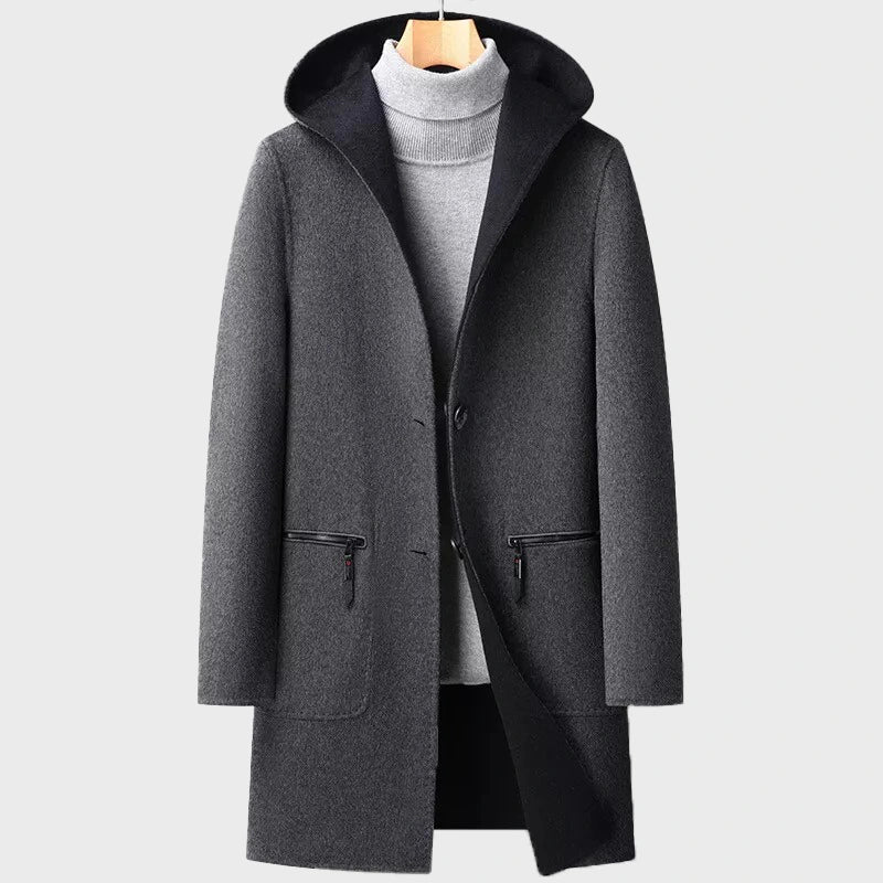 Men’s Wool Hooded Mid-length Coat Coat unisex front product view | Dash Racegear — Men's Wool Hooded Grey Coat