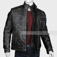 Mens Black Zipper Pocket Leather Jacket Leather Jacket men front product view | Dash Racegear — Mens Black Leather Jacket with Zipper pocket