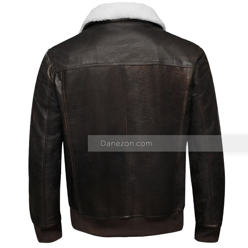 Mens Shearling Collar Brown Bomber Jacket Bomber Jacket men detail view 4 | Dash Racegear — Men brown leather shearling collar jacket