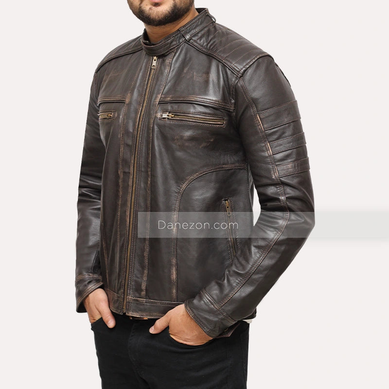 Mens Brown Distressed Cafe Racer Jacket Leather Jacket men detail view 3 | Dash Racegear — Distressed leather jacket mens biker
