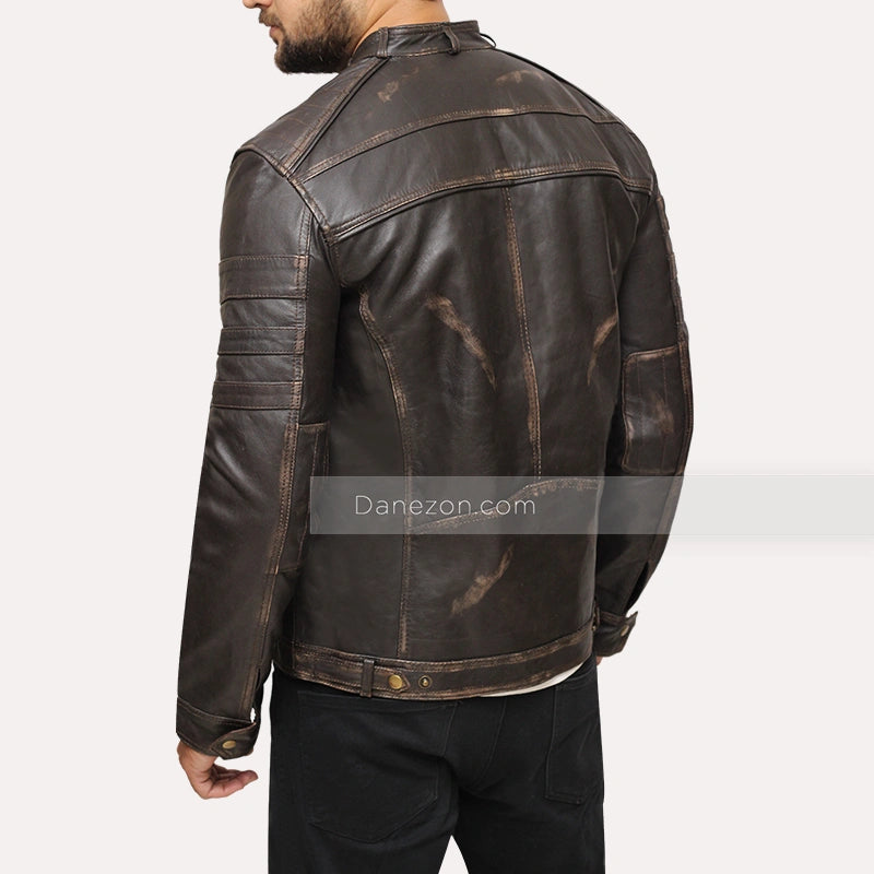 Mens Brown Distressed Cafe Racer Jacket Leather Jacket men detail view 4 | Dash Racegear — Distressed biker mens jacket