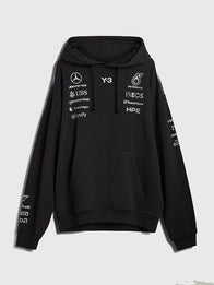 Y-3 x Mercedes-AMG F1 Black Hoodie Hoodie unisex front product view | Dash Racegear — Y-3 x Mercedes-AMG F1 2026 pullover hoodie in black, perfect for racing fans and streetwear style.