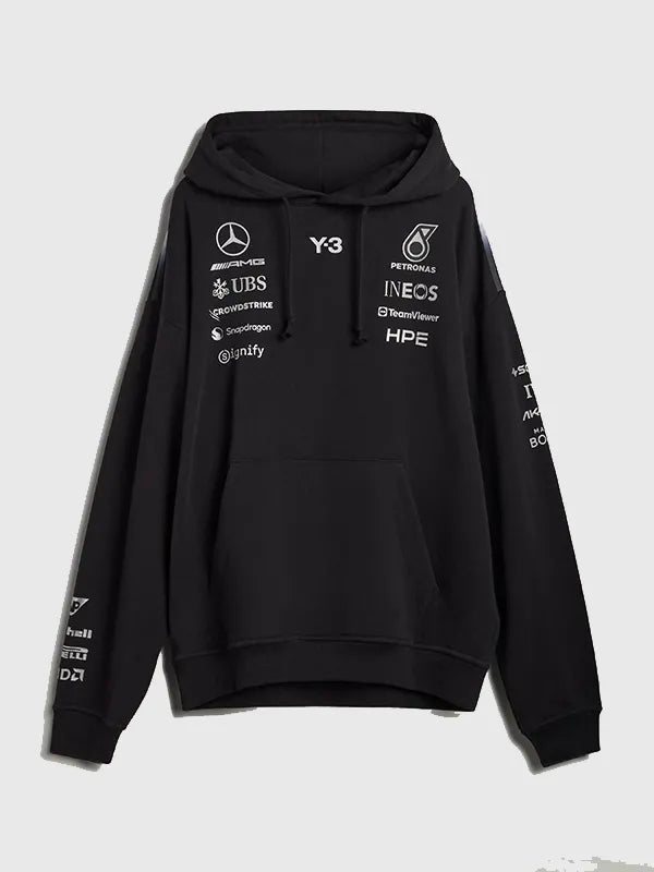 Y-3 x Mercedes-AMG F1 Black Hoodie Hoodie unisex front product view | Dash Racegear — Y-3 x Mercedes-AMG F1 2026 pullover hoodie in black, perfect for racing fans and streetwear style.