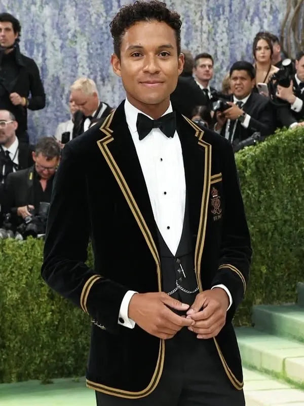 Jaafar Jackson Met Gala 2026 Polo Ralph Lauren Tuxedo Fashion Apparel unisex detail view 2 | Dash Racegear — Black and gold Polo Ralph Lauren tuxedo Met Gala 2026 Jaafar Jackson stylish tailored suit luxurious evening wear for men