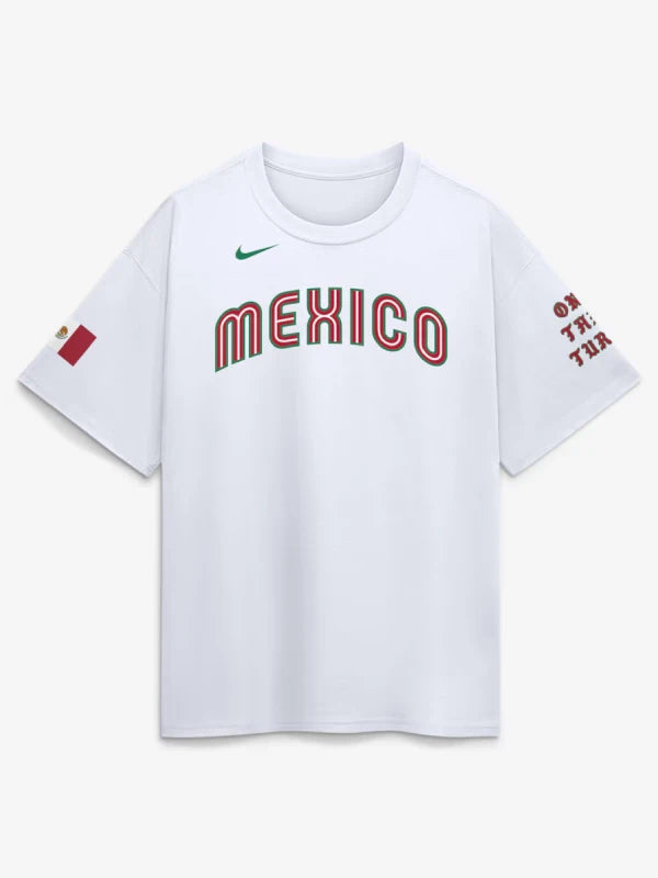 Mexico Baseball Nike x Born x Raised 2026 World Baseball Classic T-Shirt Shirt unisex front product view | Dash Racegear — Men’s Mexico Baseball Nike x Born x Raised white 2026 WBC Complex collab T-shirt with bold graphics.