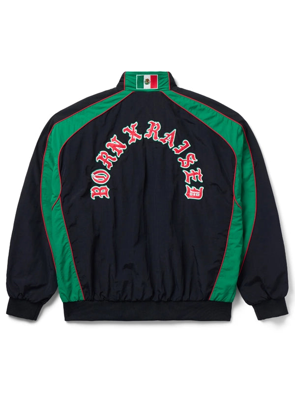 BXR Sport Mexico Warm Up Windbreaker Jacket Jacket unisex detail view 2 | Dash Racegear — Mexico 2026 sport windbreaker by Born x Raised featuring black and green color blocking and athletic design.