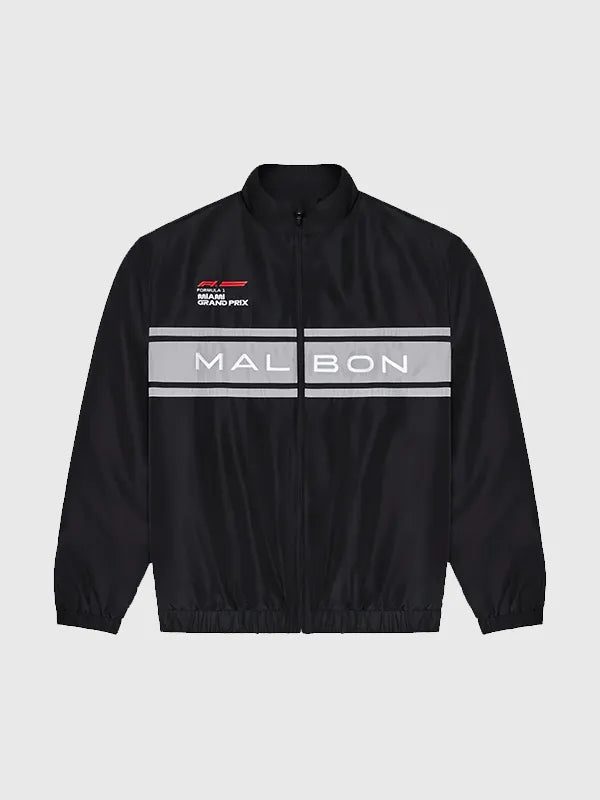 Malbon x F1 Miami Track Jacket Jacket unisex front product view | Dash Racegear — Black Track Jacket 2026 Miami Grand Prix Malbon x Formula 1 with bold logos and zip front, for fans on the move.