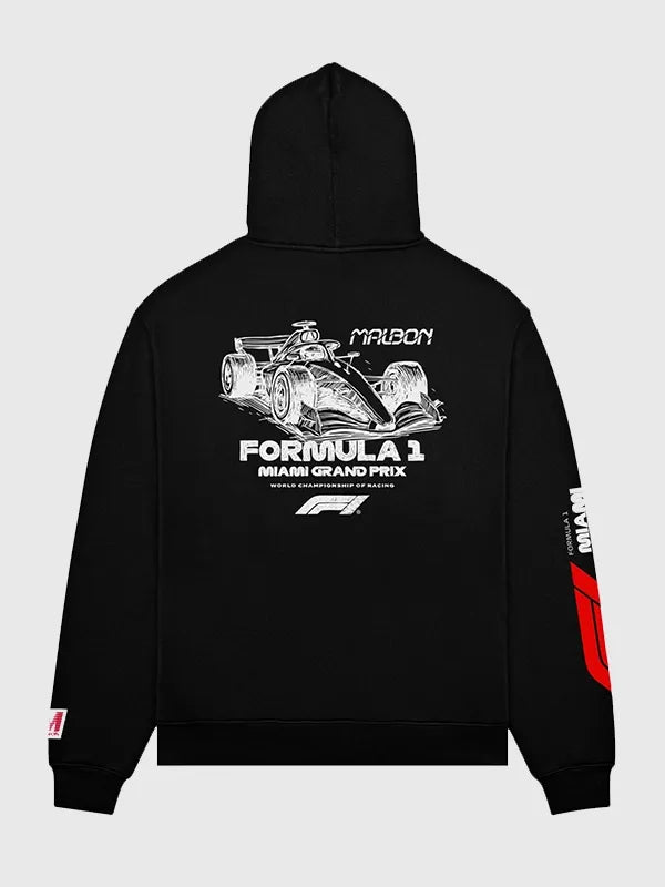 Malbon x F1 Fesque Pit Sketch Hoodie Hoodie unisex detail view 3 | Dash Racegear — Miami Grand Prix 2026 black hoodie Malbon x F1, Fesque Pit Sketch print for everyday fashion.