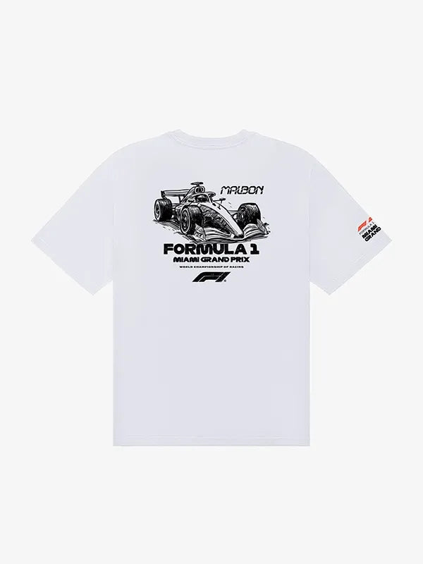 Malbon x F1 Bermuda Pit Sketch T-Shirt Shirt unisex detail view 4 | Dash Racegear — Malbon x Formula 1 2026 Miami GP white tee, Bermuda Pit Sketch graphic for racing-inspired fashion.