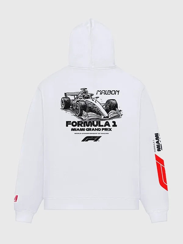 Malbon x F1 Fesque Pit Sketch Hoodie Hoodie unisex detail view 4 | Dash Racegear — Malbon x Formula 1 Miami 2026 white hoodie, Pit Sketch design for modern racing-inspired fashion.