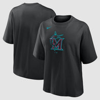 Miami Marlins Nike 2025 City Connect Logo Boxy T-Shirt Shirt unisex front product view | Dash Racegear — Nike Miami Marlins 2025 City Connect T-Shirt – Boxy Fit MLB Apparel