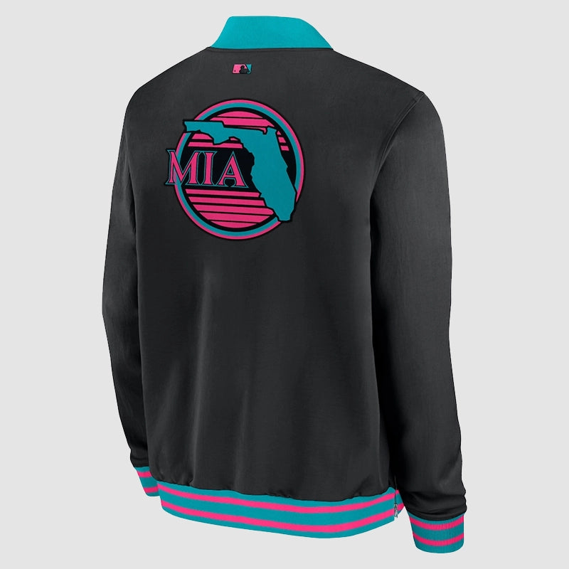 Miami Marlins Nike Black 2025 City Connect Bomber Jacket Bomber Jacket unisex detail view 3 | Dash Racegear — 2025 Miami Marlins Nike Bomber Jacket – Black City Connect Style