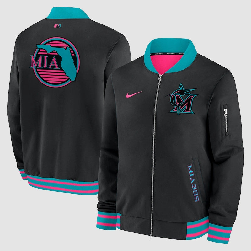 Miami Marlins Nike Black 2025 City Connect Bomber Jacket Bomber Jacket unisex front product view | Dash Racegear — City Connect 2025 Jacket – Miami Marlins Nike Black Bomber Outerwear